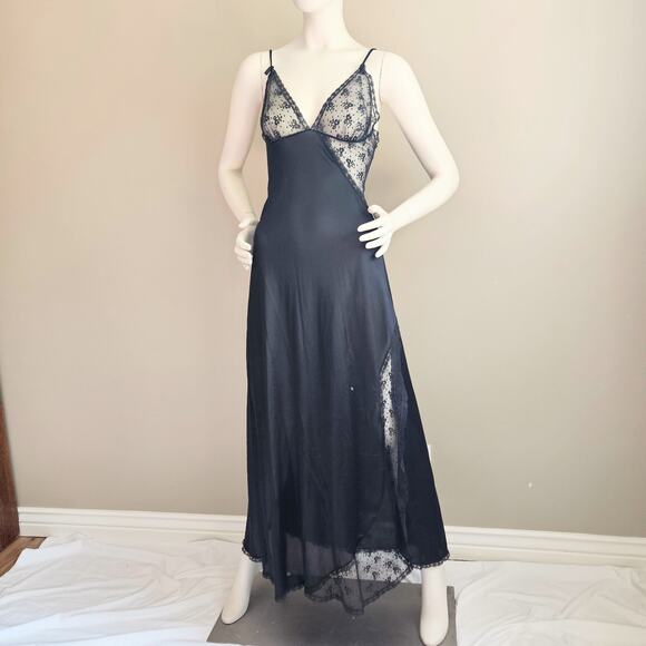 Vintage Black Sheer Lace Trim Sheer Slip Size M Side Slit Asymetric Babydoll - Picture 1 of 12